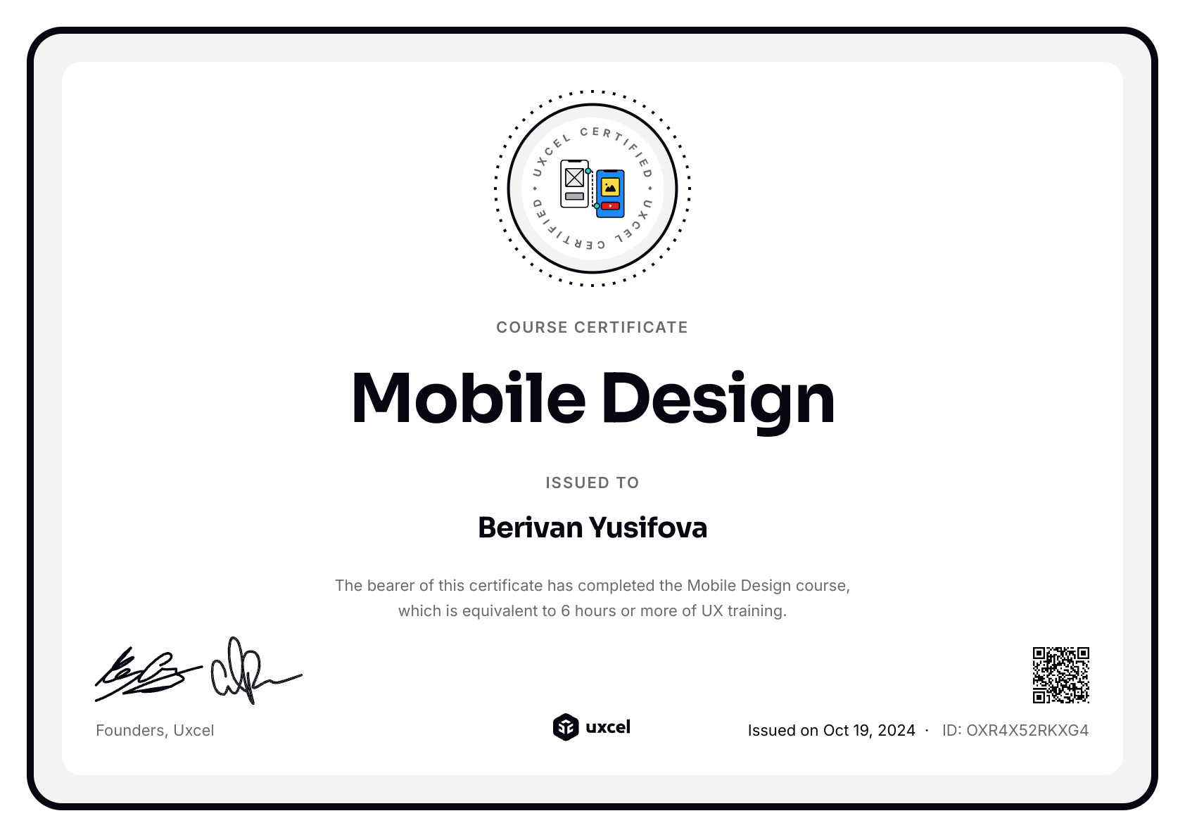 Berivan Yusifova's certificate